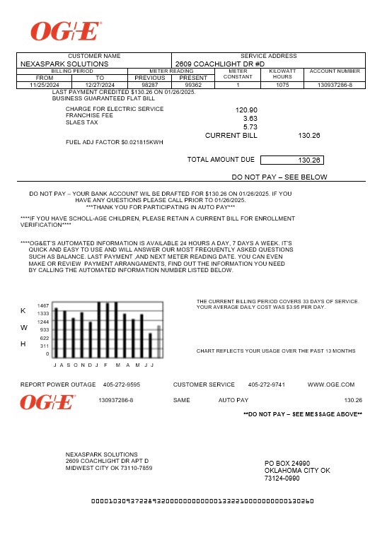 USA Oklahoma OGE Energy business utility bill template in Word and PDF formats